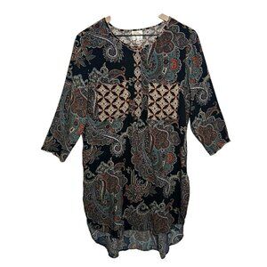 Anthropologie Fig & Flower Top Womens Sz Medium Black Artsy Boho Tunic Floral